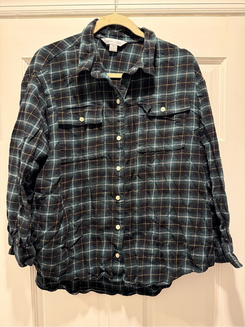 Old Navy Plaid Boyfriend Shirt in Teal, Black & Yellow size XL